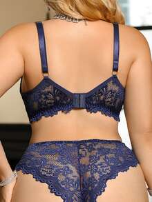 Seduluxe Plus Size Classic Sexy Lace Trim Bra + Panty 2pcs Set - Blue - View 2
