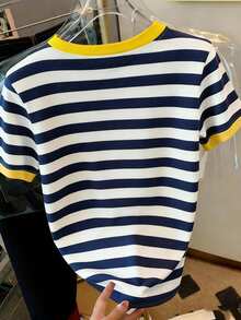 SHEIN 女士圆领条纹柠檬印花休闲百搭日常短袖T恤 - 彩色 - 查看 2
