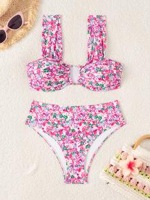 Swim Mod Springbreak 女款夏季新款隨機碎花 V 領掛脖比基尼套裝 泳池派對度假海灘 白色與藍色 歐式熱帶風 - 彩色 - 查看 6