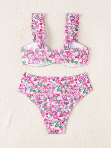 Swim Mod Springbreak 女款夏季新款隨機碎花 V 領掛脖比基尼套裝 泳池派對度假海灘 白色與藍色 歐式熱帶風 - 彩色 - 查看 2