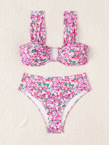 Swim Mod Springbreak 女款夏季新款隨機碎花 V 領掛脖比基尼套裝 泳池派對度假海灘 白色與藍色 歐式熱帶風 - 彩色 - 查看 5