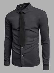 Manfinity BRENVOR Loose Men Solid Button Up Shirt With Tie - Black - View 3