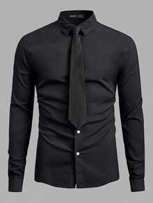 Manfinity BRENVOR Loose Men Solid Button Up Shirt With Tie - Black - View 1