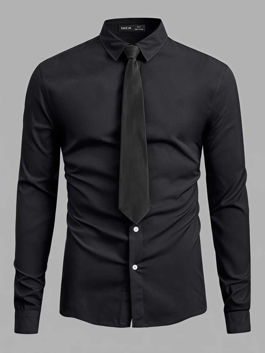 Manfinity BRENVOR Loose Men Solid Button Up Shirt With Tie - Black - View 1