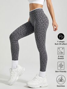 SHEIN Teen Girls Grey Leopard Print Sports Leggings, Cute Campus Style, Back To School Season Gym Autumn Casual Modest - Grey - View 5