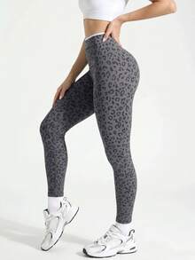 SHEIN Teen Girls Grey Leopard Print Sports Leggings, Cute Campus Style, Back To School Season Gym Autumn Casual Modest - Grey - View 3