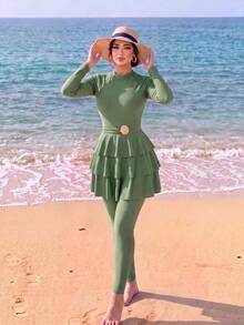 Swim Mulvari 純色中東保守優雅女款三件式泳衣，附飾邊裝飾 - 綠色 - 查看 7