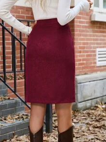 SHEIN LUNE Button Front Corduroy Skirt Work Everyday School Burgundy Red Autumn Casual 70's Inspired - Burgundy - View 2
