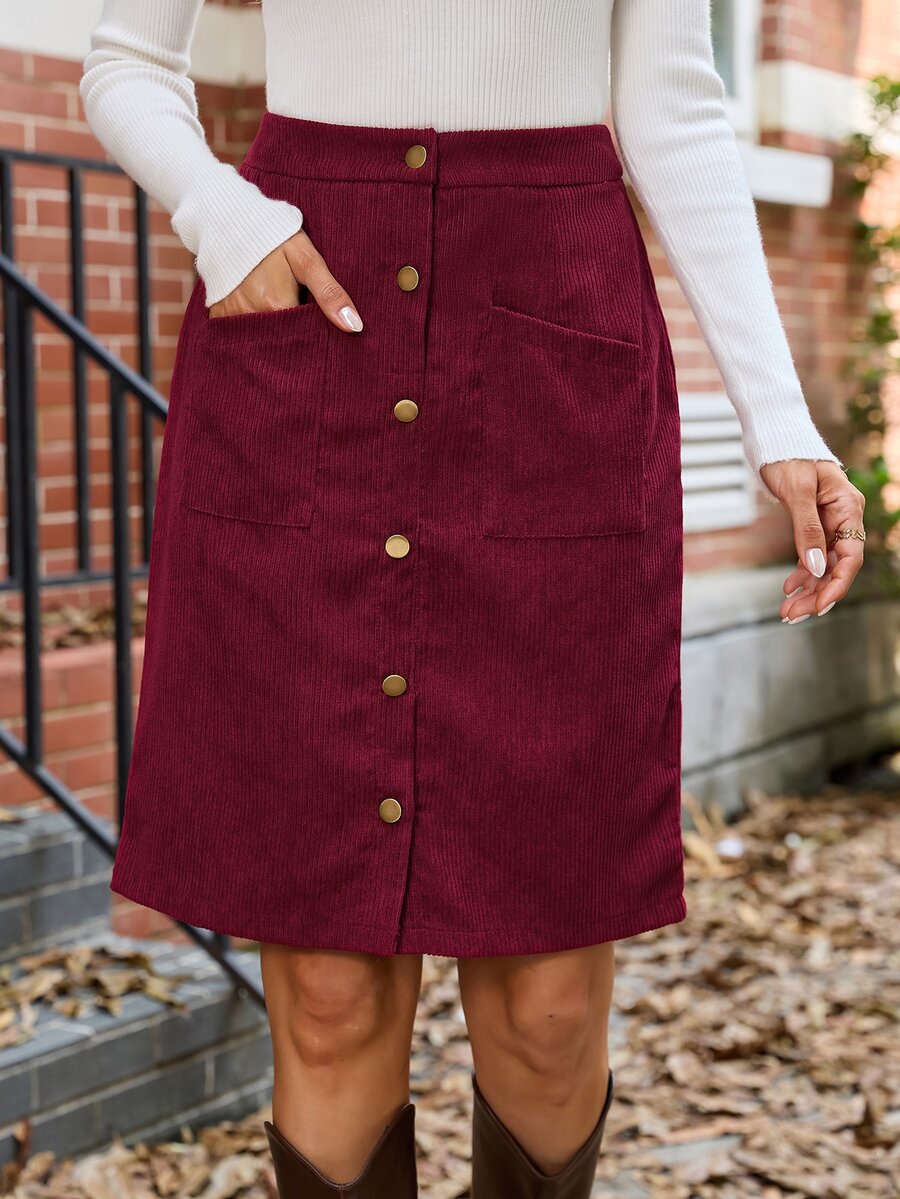 SHEIN LUNE Button Front Corduroy Skirt Work Everyday School Burgundy Red Autumn Casual 70's Inspired - Burgundy - View 1