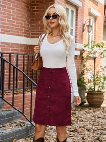 SHEIN LUNE Button Front Corduroy Skirt Work Everyday School Burgundy Red Autumn Casual 70's Inspired - Burgundy - View 5