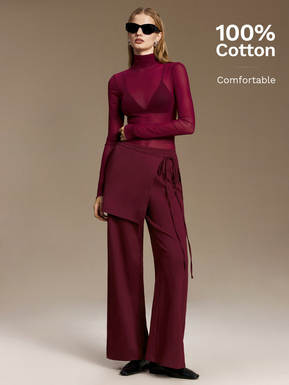 Solid Tie Side Wrap 2 In 1 Wide Leg Sweatpants