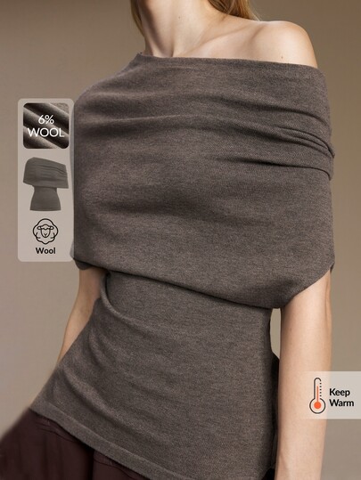 Ontre Women's Brown Textured Yarn Comfortable Premium Fitted Silhouette Asymmetrical Neckline Off-Shoulder Design Multiple Wearing Styles Side Slit Hem Special Hemline Business Casual Women's Apparel Elegant Sophisticated Commute Autumn Summer Essential Soft Knit Sweater Women's Knitted Top Autumn Halloween Back To School Church Special Occasions Birthday Party