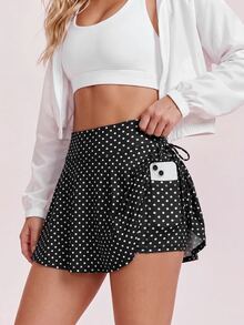 SHEIN Sports Women's High-Waisted Black And White Polka-Dot Print Athletic Skort,Drawstring Mini Skirt - Multicolor - View 1