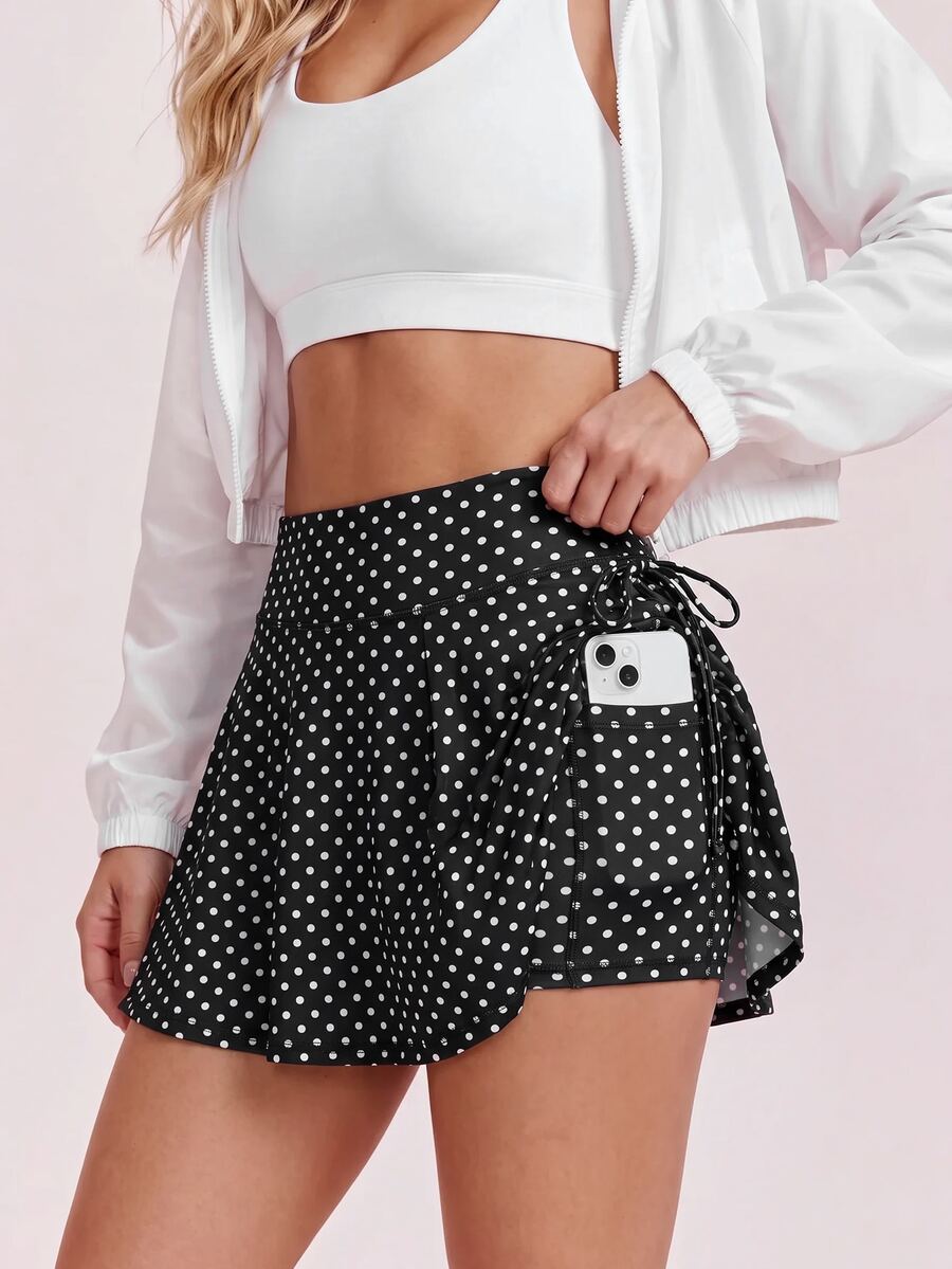 SHEIN Sports Women's High-Waisted Black And White Polka-Dot Print Athletic Skort,Drawstring Mini Skirt - Multicolor - View 1