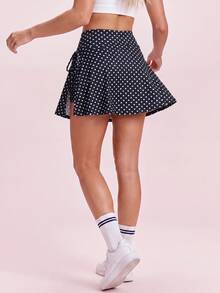 SHEIN Sports Women's High-Waisted Black And White Polka-Dot Print Athletic Skort,Drawstring Mini Skirt - Multicolor - View 2
