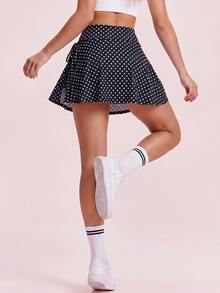 SHEIN Sports Women's High-Waisted Black And White Polka-Dot Print Athletic Skort,Drawstring Mini Skirt - Multicolor - View 4