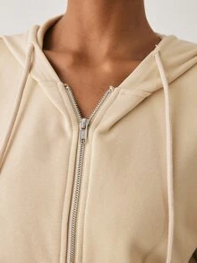 YARNWELL Women's Solid Color Drop Shoulder Long Sleeve Zip-Up Casual Drawstring Hooded Sweatshirt - Brown - View 7