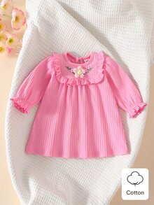 SHEIN 新生兒圓領立體刺繡洋裝，可愛優雅，簡約舒適 - 淺粉色 - 查看 4
