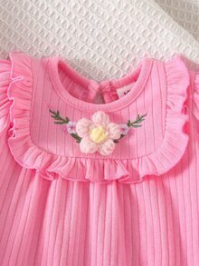 SHEIN 新生兒圓領立體刺繡洋裝，可愛優雅，簡約舒適 - 淺粉色 - 查看 6