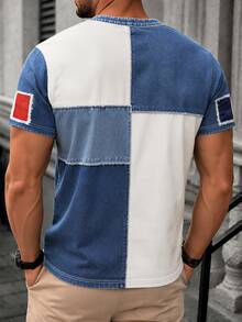 Manfinity Dauomo Men's Colorblock Patchwork Effect, Rugby Element, French Flag Pattern Print Short Sleeve T-Shirt - Multicolor - View 2