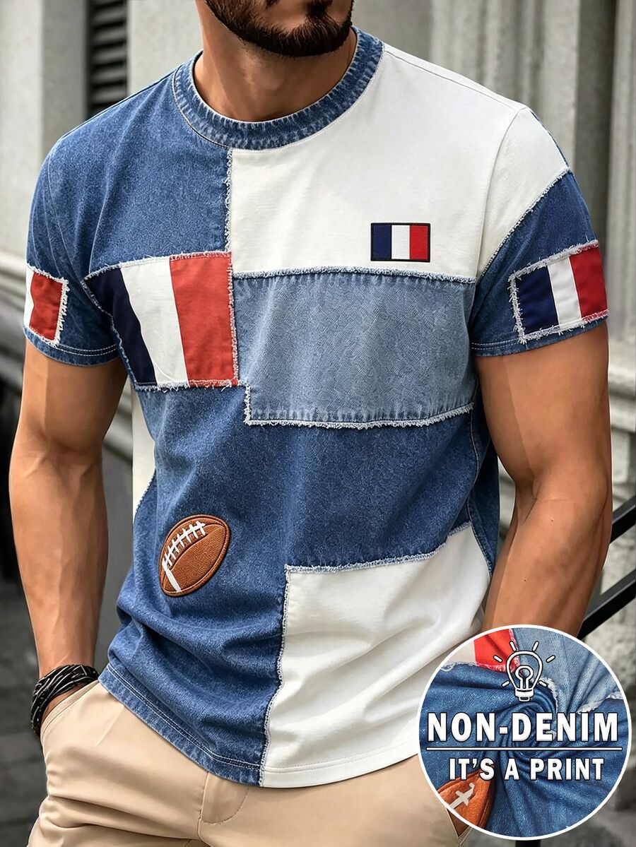 Manfinity Dauomo Men's Colorblock Patchwork Effect, Rugby Element, French Flag Pattern Print Short Sleeve T-Shirt - Multicolor - View 1