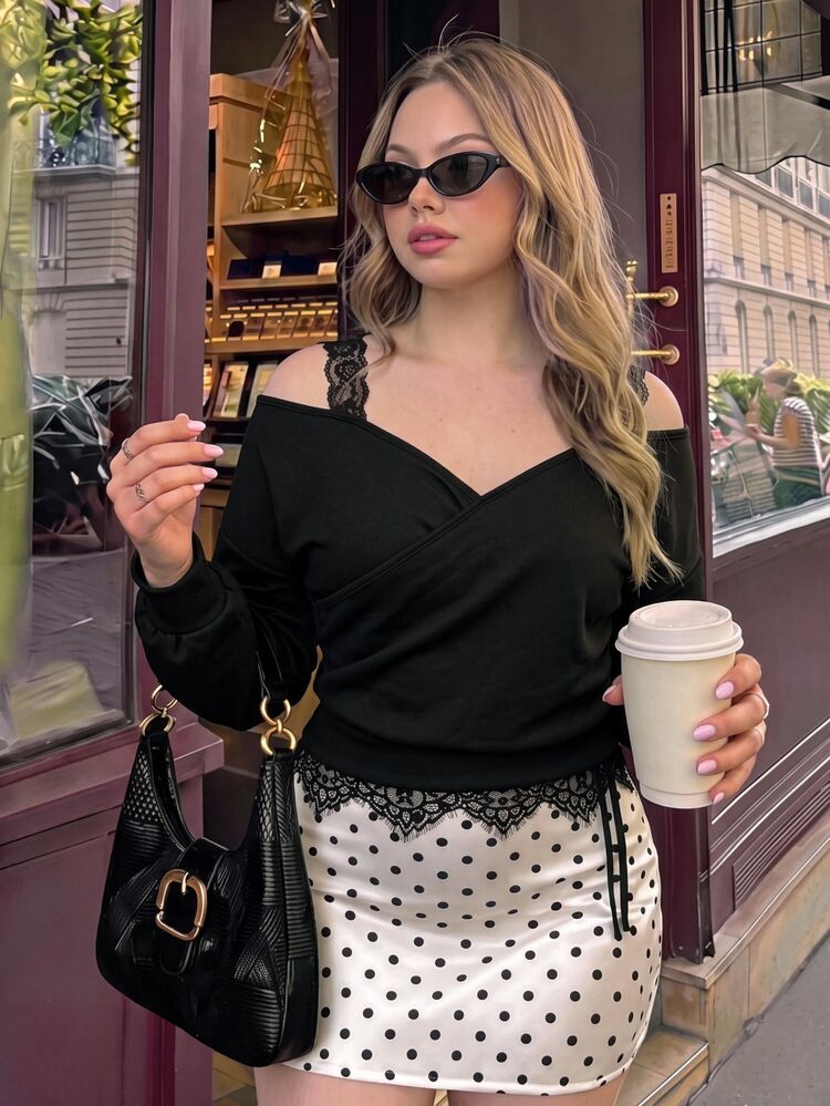 SHEIN MOD Fashion Plus Size Black Lace Cold Shoulder Long Sleeve Top, Black Open Shoulder Pullover Sweatshirt,Halloween Costume ,Festival Tops,Concert Outfit - Black - View 3