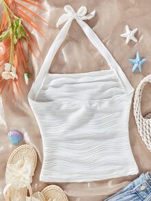 SHEIN Elladie kids 少女时尚可爱波浪图案吊带上衣，蝴蝶结肩带，舒适春夏休闲装和派对装 - 白色 - 查看 2