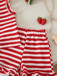 Souflis Souflis Set Pakaian Sehari-hari Kasual untuk Bayi Perempuan: Kaos dan Celana Pendek Berkerah Bulat Motif Garis-garis Patchwork Stroberi - Merah - View 6