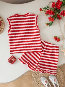 Souflis Souflis Set Pakaian Sehari-hari Kasual untuk Bayi Perempuan: Kaos dan Celana Pendek Berkerah Bulat Motif Garis-garis Patchwork Stroberi - Merah - View 2