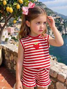Souflis Souflis Set Pakaian Sehari-hari Kasual untuk Bayi Perempuan: Kaos dan Celana Pendek Berkerah Bulat Motif Garis-garis Patchwork Stroberi - Merah - View 5