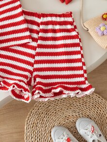 Souflis Souflis Set Pakaian Sehari-hari Kasual untuk Bayi Perempuan: Kaos dan Celana Pendek Berkerah Bulat Motif Garis-garis Patchwork Stroberi - Merah - View 8