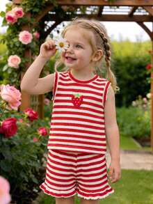 Souflis Souflis Set Pakaian Sehari-hari Kasual untuk Bayi Perempuan: Kaos dan Celana Pendek Berkerah Bulat Motif Garis-garis Patchwork Stroberi - Merah - View 3