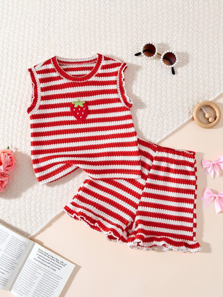 Souflis Souflis Baby Girl Round Neck Striped Patchwork Strawberry Pattern T-Shirt And Shorts Casual Daily Set - Red - View 1