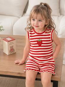 Souflis Souflis Set Pakaian Sehari-hari Kasual untuk Bayi Perempuan: Kaos dan Celana Pendek Berkerah Bulat Motif Garis-garis Patchwork Stroberi - Merah - View 1