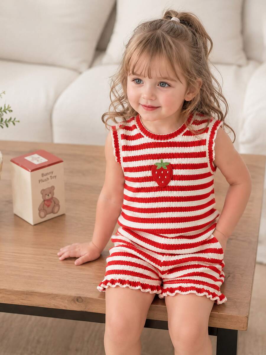 Souflis Souflis Set Pakaian Sehari-hari Kasual untuk Bayi Perempuan: Kaos dan Celana Pendek Berkerah Bulat Motif Garis-garis Patchwork Stroberi - Merah - View 1
