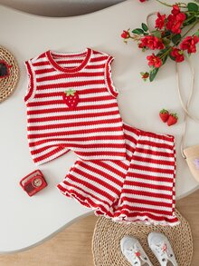 Souflis Souflis Set Pakaian Sehari-hari Kasual untuk Bayi Perempuan: Kaos dan Celana Pendek Berkerah Bulat Motif Garis-garis Patchwork Stroberi - Merah - View 7