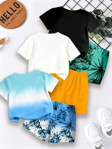 6pcs/Set Young Boy's Summer Beach Holiday Outfits,Orange Sunset Graphic Tee&Shorts,Ombre Palm Tree Tee&Tropical Plant Gradient Shorts,Black Tee Set - Multicolor - View 2