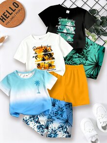 6pcs/Set Young Boy's Summer Beach Holiday Outfits,Orange Sunset Graphic Tee&Shorts,Ombre Palm Tree Tee&Tropical Plant Gradient Shorts,Black Tee Set - Multicolor - View 5