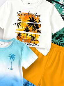6pcs/Set Young Boy's Summer Beach Holiday Outfits,Orange Sunset Graphic Tee&Shorts,Ombre Palm Tree Tee&Tropical Plant Gradient Shorts,Black Tee Set - Multicolor - View 7
