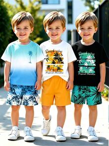 6pcs/Set Young Boy's Summer Beach Holiday Outfits,Orange Sunset Graphic Tee&Shorts,Ombre Palm Tree Tee&Tropical Plant Gradient Shorts,Black Tee Set - Multicolor - View 3