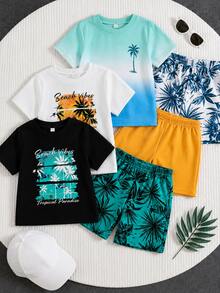 6pcs/Set Young Boy's Summer Beach Holiday Outfits,Orange Sunset Graphic Tee&Shorts,Ombre Palm Tree Tee&Tropical Plant Gradient Shorts,Black Tee Set - Multicolor - View 1