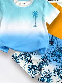 6pcs/Set Young Boy's Summer Beach Holiday Outfits,Orange Sunset Graphic Tee&Shorts,Ombre Palm Tree Tee&Tropical Plant Gradient Shorts,Black Tee Set - Multicolor - View 8