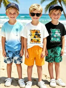 6pcs/Set Young Boy's Summer Beach Holiday Outfits,Orange Sunset Graphic Tee&Shorts,Ombre Palm Tree Tee&Tropical Plant Gradient Shorts,Black Tee Set - Multicolor - View 4