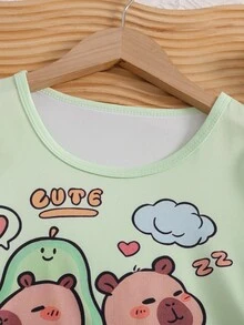 少女趣味卡通水豚印花短袖T恤和短裤睡衣套装 - 綠色 - 查看 5