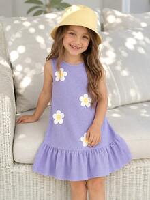 Genkimix Kids Young Girl' Knitted Waffle Fabric Cute Embroidered Daisy Vacation Dress - Violet Purple - View 1