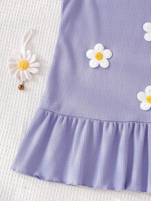 Genkimix Kids Young Girl' Knitted Waffle Fabric Cute Embroidered Daisy Vacation Dress - Violet Purple - View 7