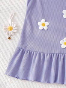 Genkimix Kids Young Girl' Knitted Waffle Fabric Cute Embroidered Daisy Vacation Dress - Violet Purple - View 4