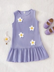 Genkimix Kids Young Girl' Knitted Waffle Fabric Cute Embroidered Daisy Vacation Dress - Violet Purple - View 3