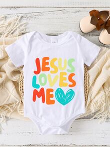 SHEIN Baby Girls' Colorful Fun Letters Heart Printed Short Sleeve Bodysuit, Summer - White - View 1