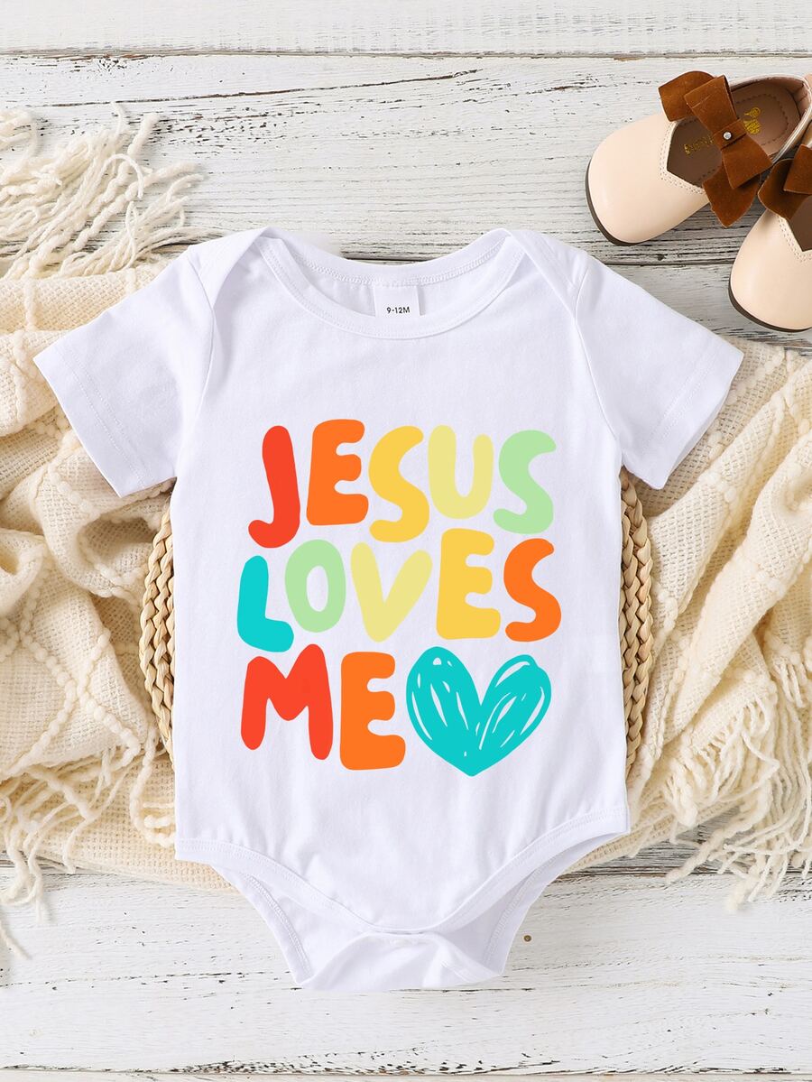 SHEIN Baby Girls' Colorful Fun Letters Heart Printed Short Sleeve Bodysuit, Summer - White - View 1